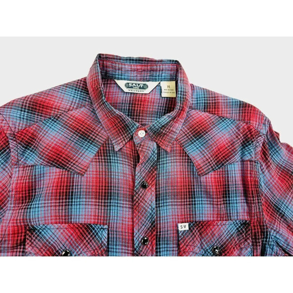 Salt Valley Size Medium Men's Red Black Blue Check Pearl Snap Long Sleeve Shirt - Picture 5 of 11